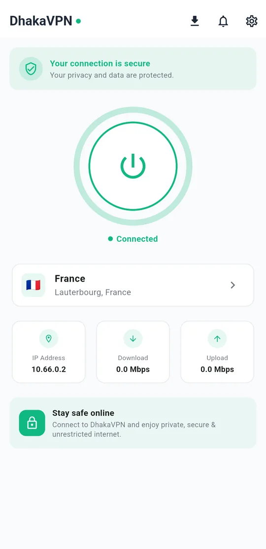 DhakaVPN app showing a connected VPN